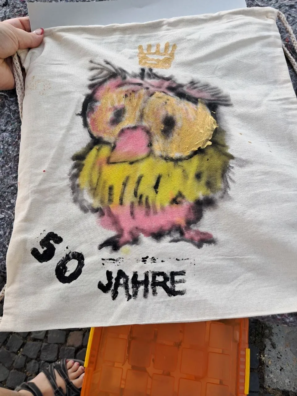 Stoffbeutel mit Eule und der Aufschrift „50 Jahre“