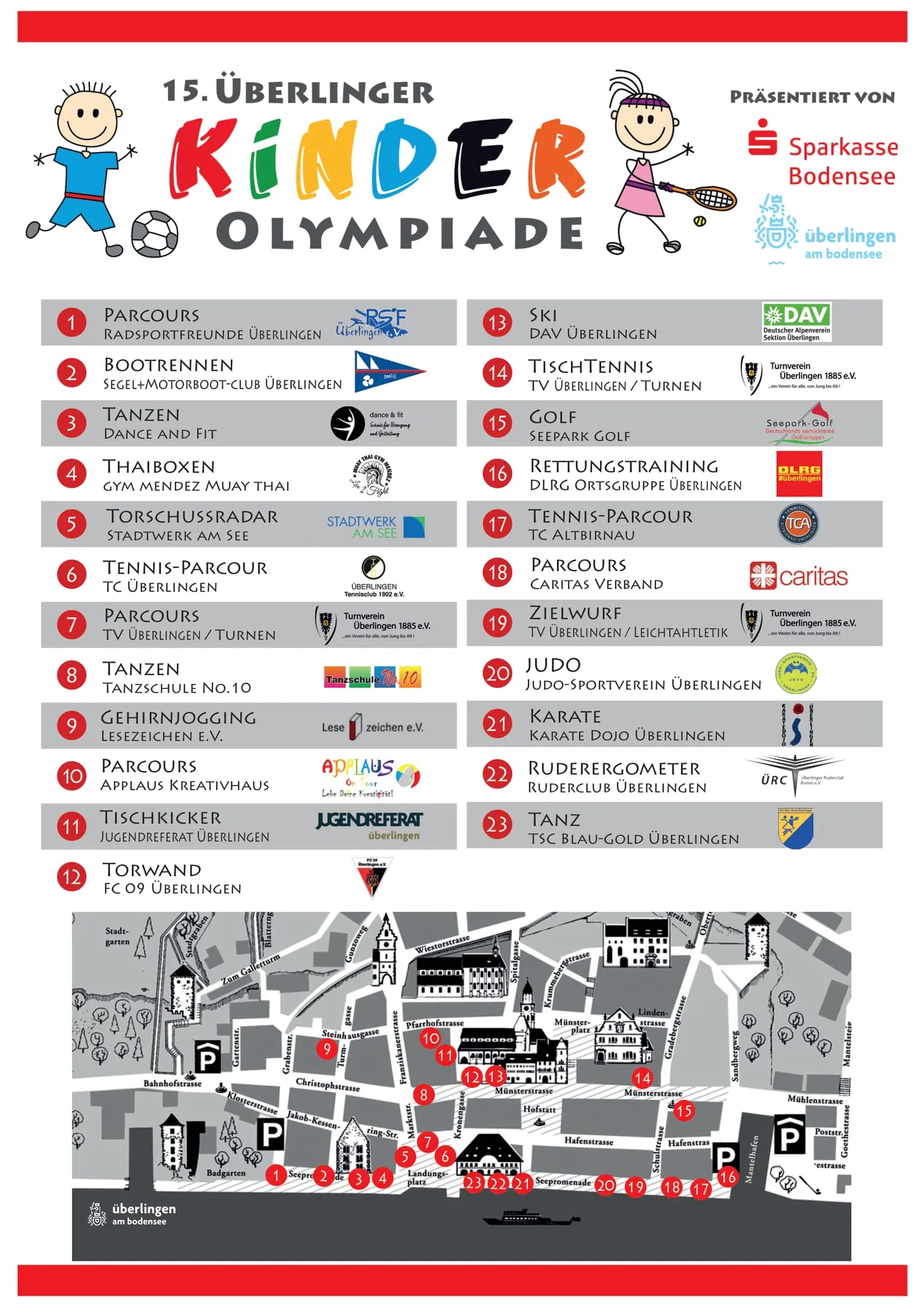 Stationsplan der 15. Überlinger Kinder-Olympiade mit 23 Stationen in der Überlinger Innenstadt, Station 10: Parcours – Applaus Kreativhaus